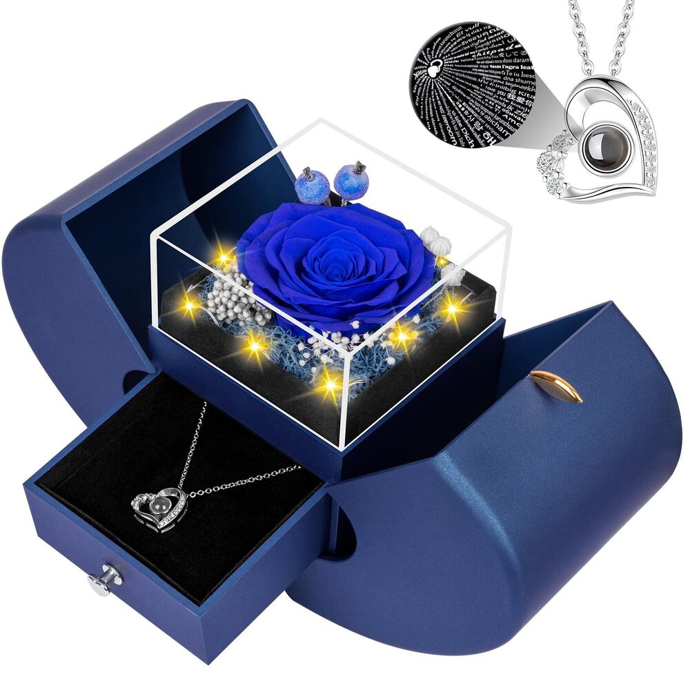 7168 Preserved Blue Real Rose with I Love You Necklace, Eternal Flowers